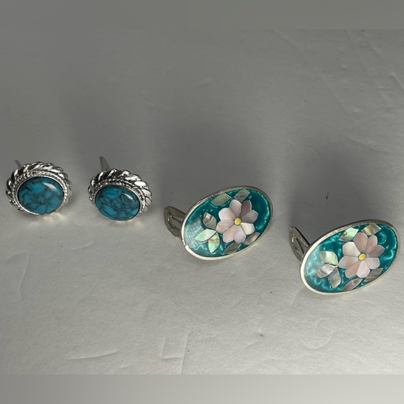 Clip on sterling silver crushed turquoise inlay floral earrings - Picture 4 of 6